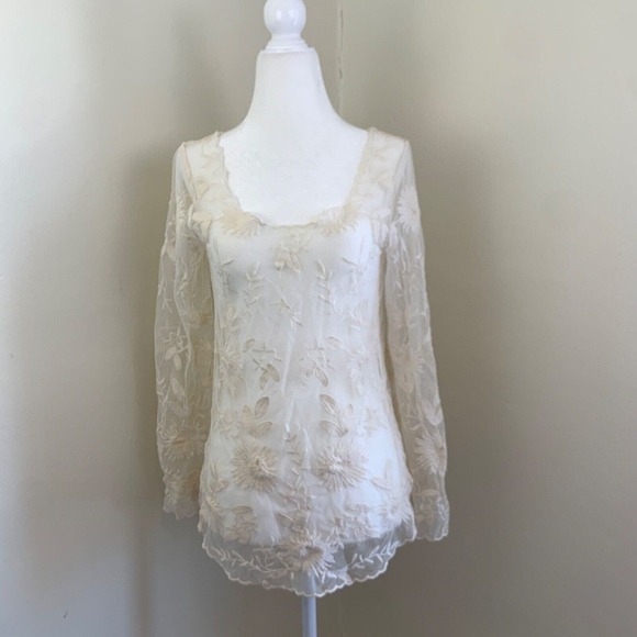 Anthropologie Everleigh Lace Top Blouse Size XS Ivory Sheer Cream Ivory Floral - Picture 1 of 13